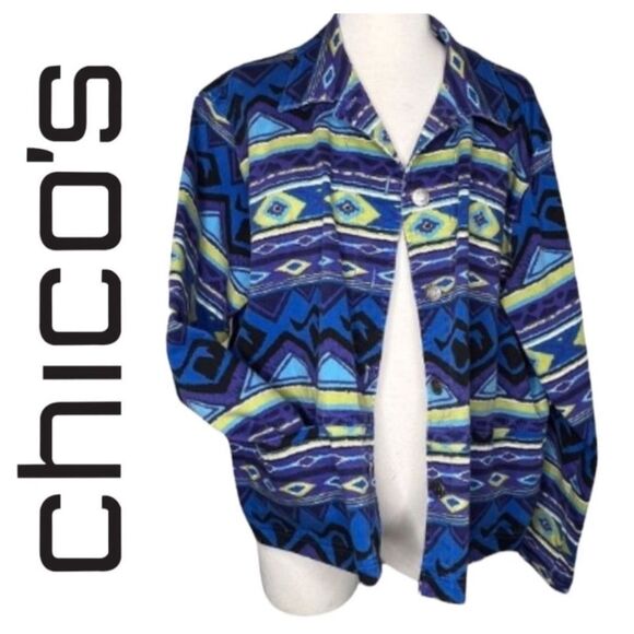 CHICOS SOUTHWEST WESTERN AZTEC INDIAN NAVAJO BUTTON FRONT DENIM JEAN JACKET Medi - Picture 2 of 10